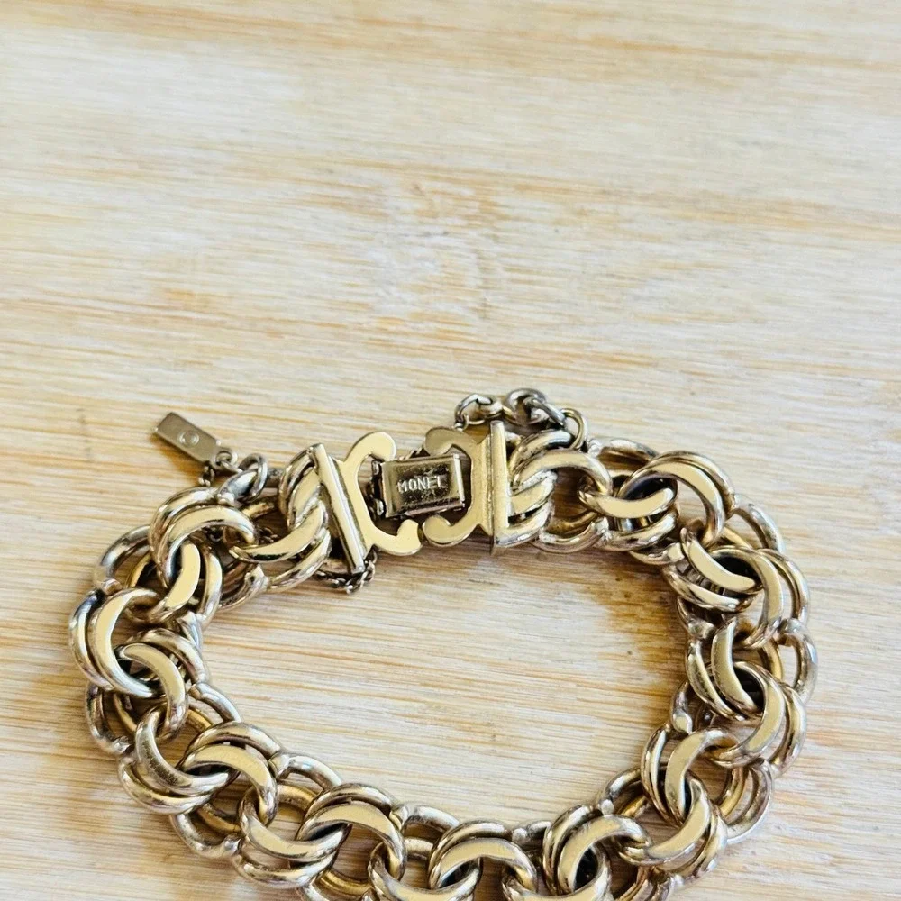 VTG Monet Gold Plated Chain Curved Link‎ Bracelet Charm Starter MCM Retro 7.5